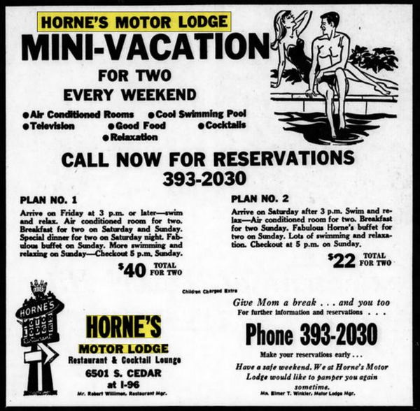 Hornes Motor Lodge & Restaurant - June 1967 Ad